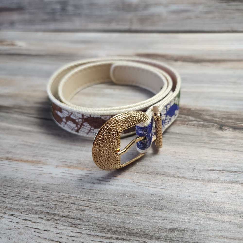 Vintage Style Multicolor Floral Lace Print Belt Gold Stippled Buckle 9629